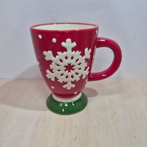 Red Snowflake Christmas Coffee Mug Pedestal Base Ceramic Holiday Cup 5.25in